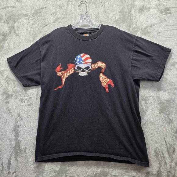 Vintage Harley-Davidson Shirt Mens XL Black Made in USA Skull Flag Graphic 90s - Picture 1 of 9